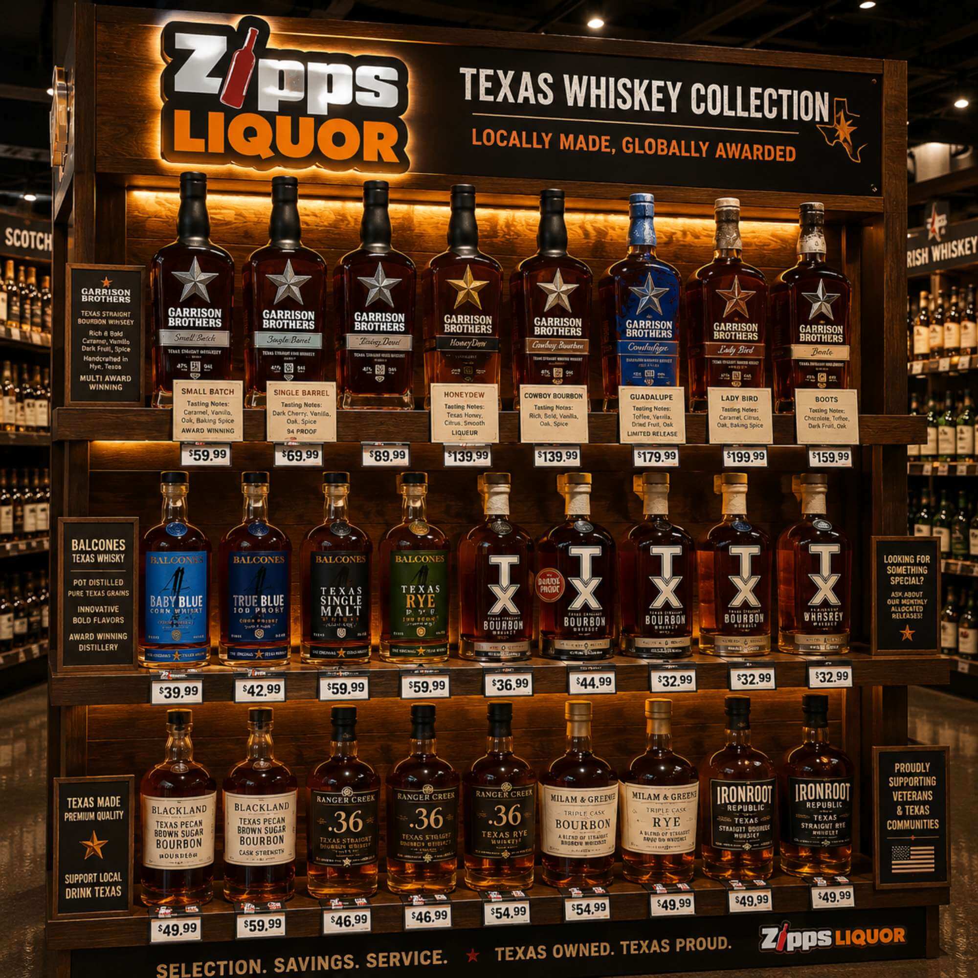 zipps-liquor-texas-whiskey-bourbon-section-2026 Zipps Liquor premium Texas whiskey section featuring Garrison Brothers, Balcones, and craft bourbon selection