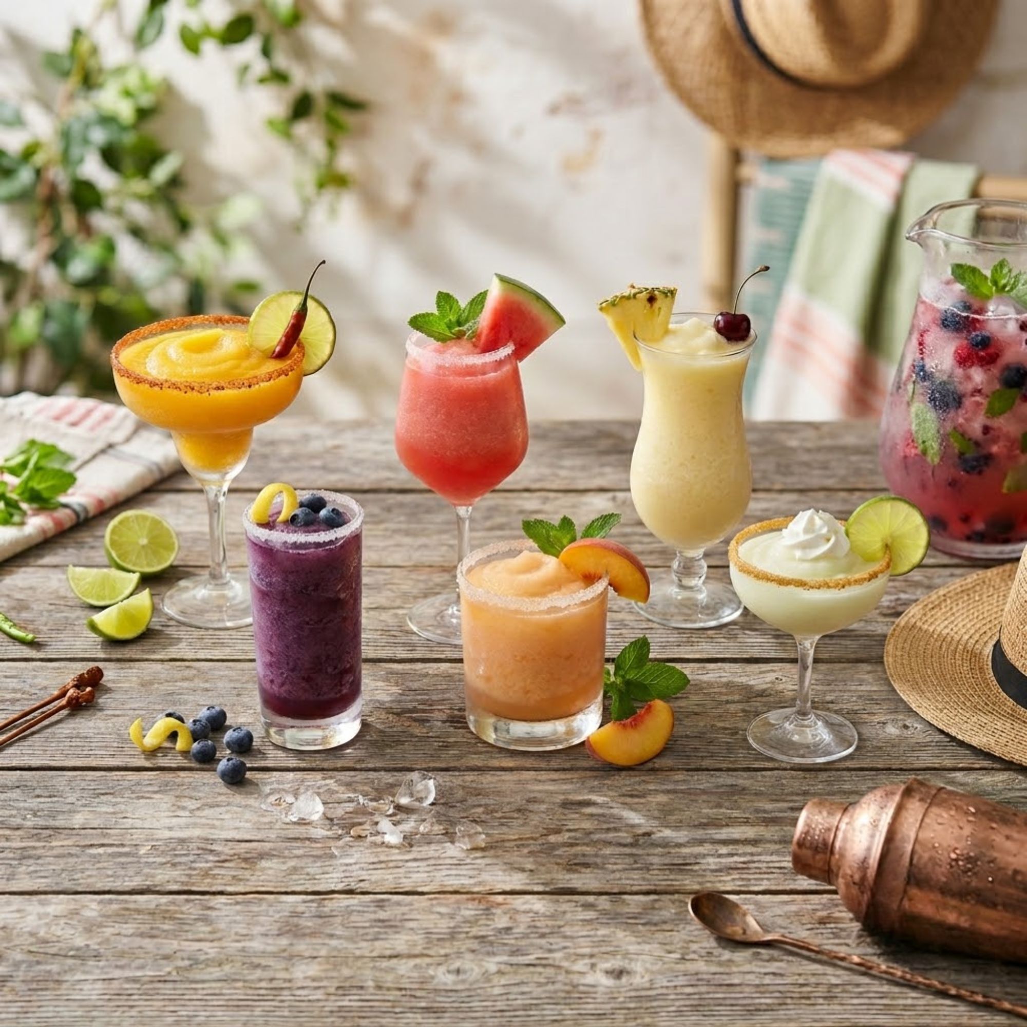 Six frozen summer cocktails including a margarita, daiquiri, piña colada, frosé, frozen Paloma, and whiskey sour slush displayed on a rustic outdoor table.
