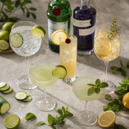 Best gin cocktails for Texas summer 2026 including Gin and Tonic, Gimlet, and Tom Collins with Tanqueray and Empress 1908 gin
