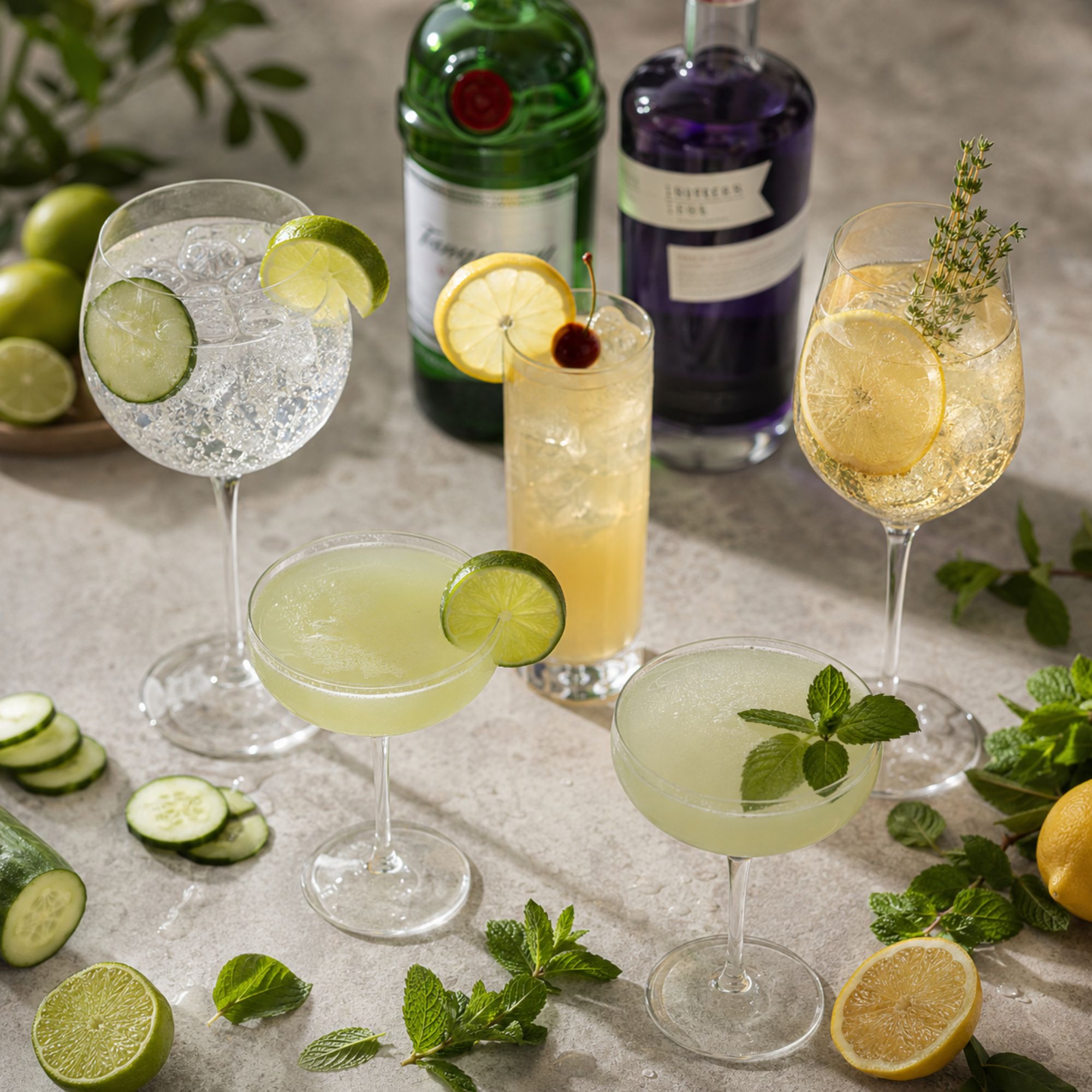 Best gin cocktails for Texas summer 2026 including Gin and Tonic, Gimlet, and Tom Collins with Tanqueray and Empress 1908 gin