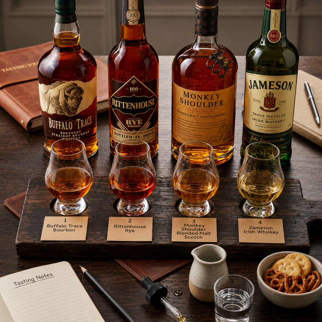 Whiskey tasting flight showing bourbon, rye, scotch, and Irish whiskey under $50 