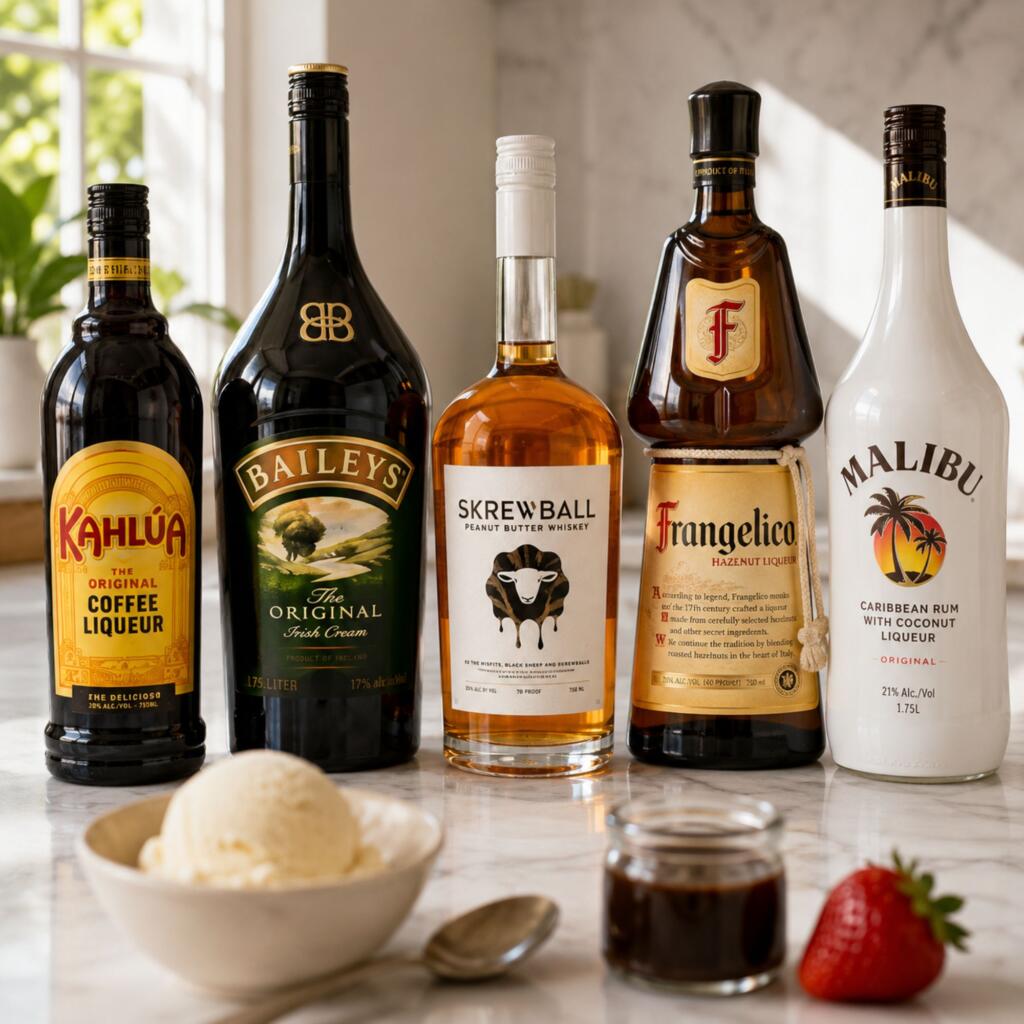 National Ice Cream Day 2026: Boozy Milkshakes and Frozen Cocktails for Texas Summer Spirit bottles for boozy milkshakes and ice cream cocktails verified at Zipps Liquor Texas 2026: Kahlúa, Baileys Irish Cream, Skrewball, Frangelico, and Malibu Coconut Rum rown Kahlúa, Baileys green, warm Skrewball amber, Frangelico gold-brown, Malibu white.