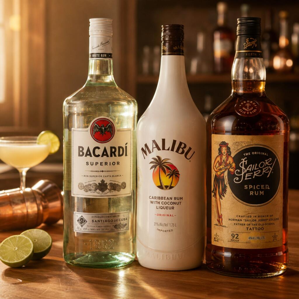 BACARDI Superior, Malibu Coconut, and Sailor Jerry rum bottles from Zipps Liquor for National Daiquiri Day 2026
