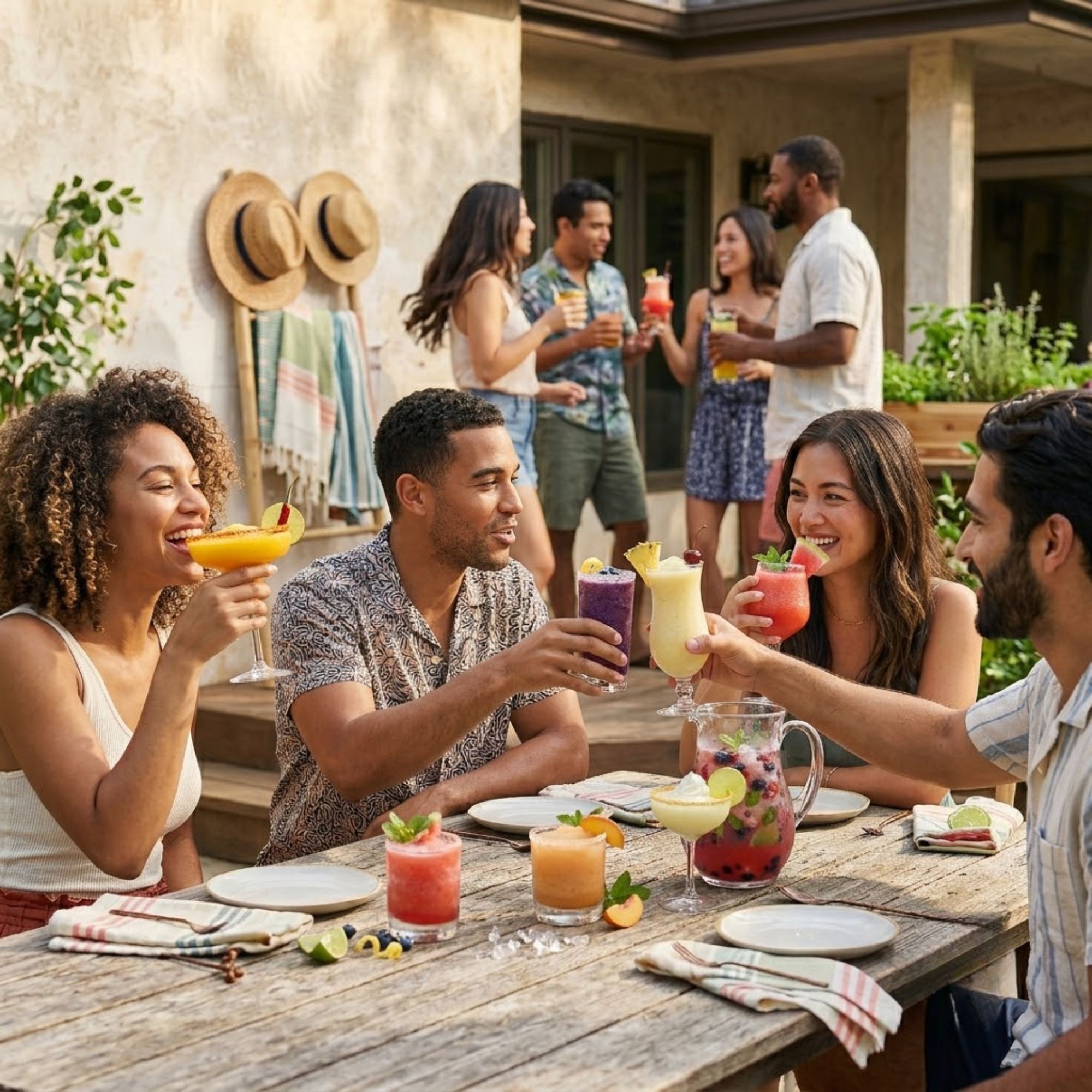 Friends enjoying frozen cocktails together at an outdoor summer gathering with margaritas, daiquiris, piña coladas, and frozen drinks on a rustic patio table.
