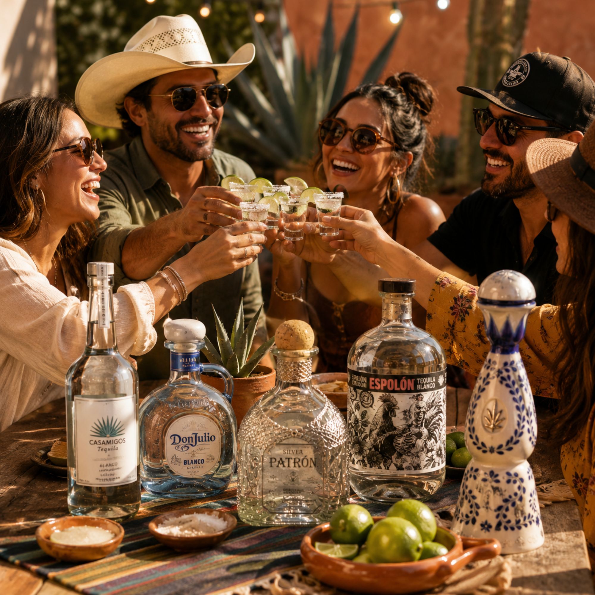 Friends enjoying tequila shots outdoors with Patrón, Don Julio, Casamigos, Espolòn, and Clase Azul bottles on a rustic table during a Texas summer gathering.