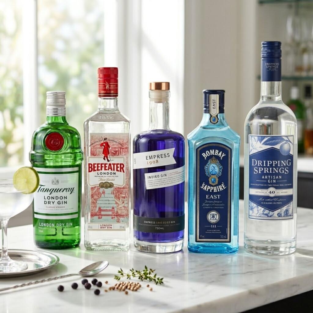 : Gin bottles for summer cocktails: Tanqueray, Beefeater, Empress 1908, Bombay Sapphire East, and Dripping Springs Texas Gin 