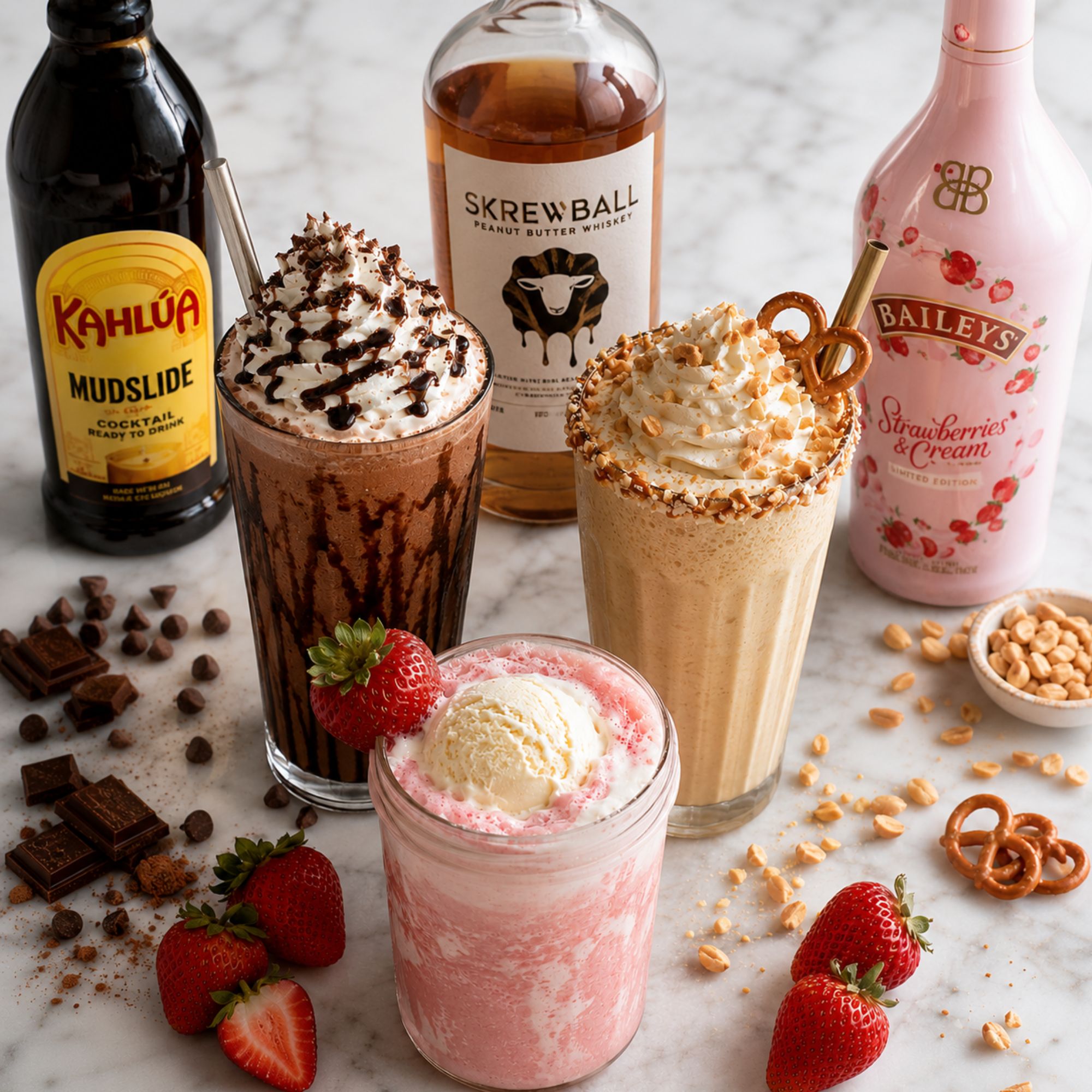 National Ice Cream Day 2026 boozy milkshake recipes featuring Kahlúa, Baileys Irish Cream, and Skrewball Peanut Butter Whiskey from Zipps Liquor Texas