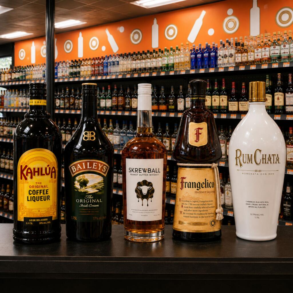 National Ice Cream Day 2026: Boozy Milkshakes and Frozen Cocktails for Texas Summer : Zipps Liquor Texas liqueur shelf for National Ice Cream Day 2026 featuring Kahlúa, Baileys, Skrewball, and RumChata for boozy milkshakes
