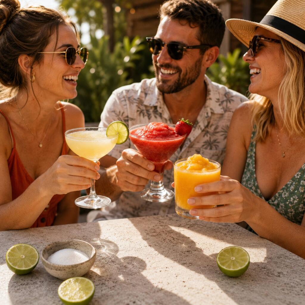 Three friends enjoying frozen strawberry, mango, and classic daiquiris at a sunny outdoor summer gathering.