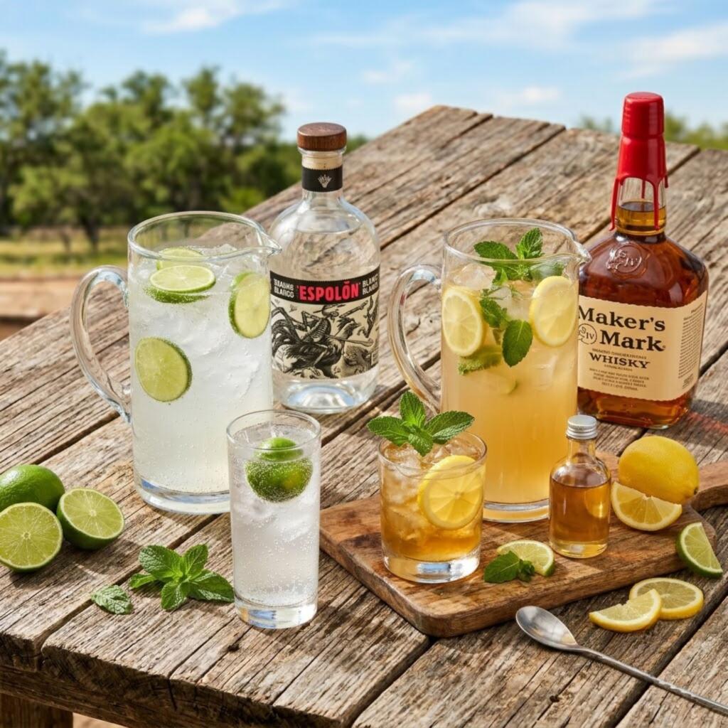 Best Summer Cocktail Recipes for 2026: Easy Drinks for Texas Backyard Parties Texas summer batch cocktail recipes 2026 featuring Ranch Water pitcher with Espolón tequila and Bourbon Lemonade pitcher with Maker's Mark