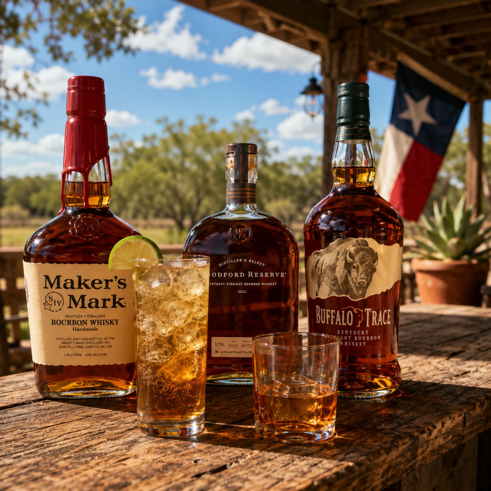 Summer whiskey 2026 guide featuring Woodford Reserve, Maker's Mark, and Buffalo Trace bourbon with a bourbon highball cocktail