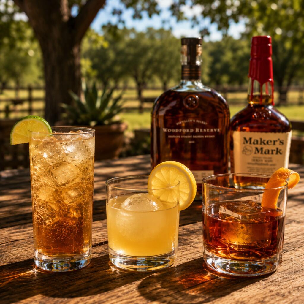 Summer Whiskey Guide 2026: Best Bourbons and Whiskeys to Drink When It's Hot in Texas Summer whiskey cocktails for Texas 2026 including bourbon highball, bourbon lemonade, and Texas Old Fashioned made with Woodford Reserve and Maker's Mark