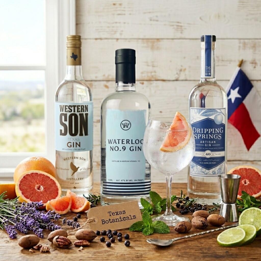 Texas craft gin bottles with local botanicals including grapefruit, lavender, and Hill Country herbs 
