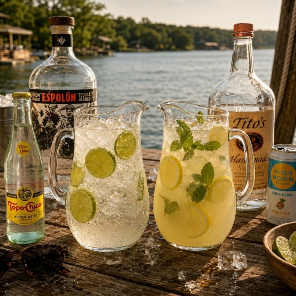  Texas lake house batch cocktails including Ranch Water and Vodka Lemonade made with Espolón tequila and Tito's vodka from Zipps Liquor Texas 2026 