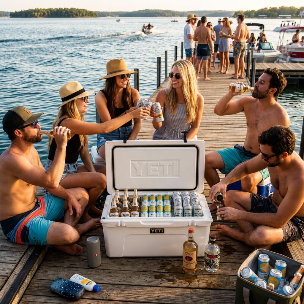 Friends enjoying canned cocktails and beer around a stocked cooler on a Texas lake dock during a summer sunset gathering.