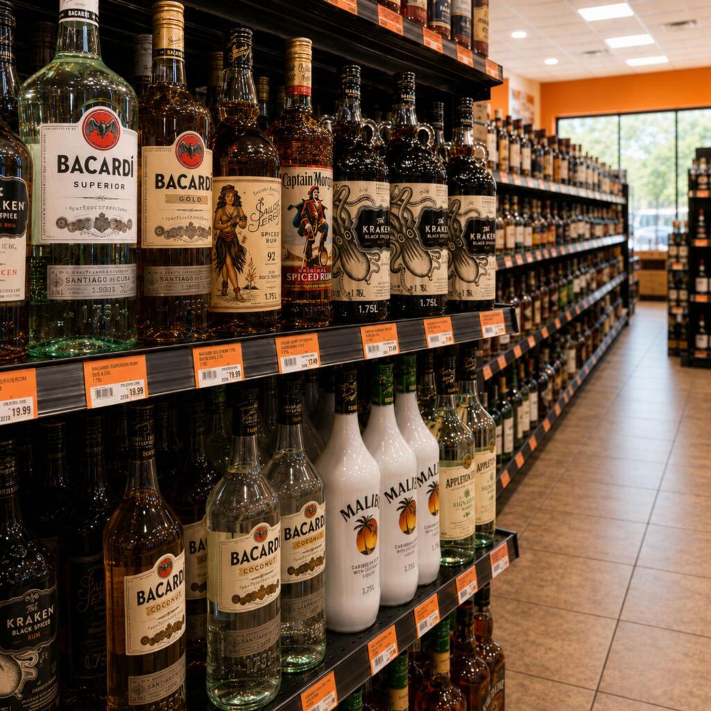 World Rum Day 2026: Best Rum Cocktails and Bottles to Celebrate in Texas Zipps Liquor Texas rum shelf for World Rum Day 2026 featuring Bacardi Superior, Captain Morgan, Sailor Jerry, and Kraken Black Spiced Rum