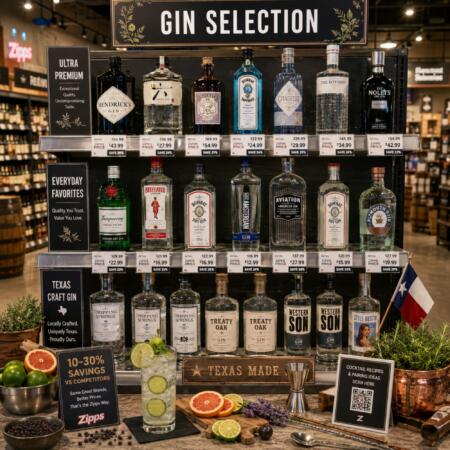 Premium gin selection at Zipps Liquor featuring national brands and Texas craft distilleries