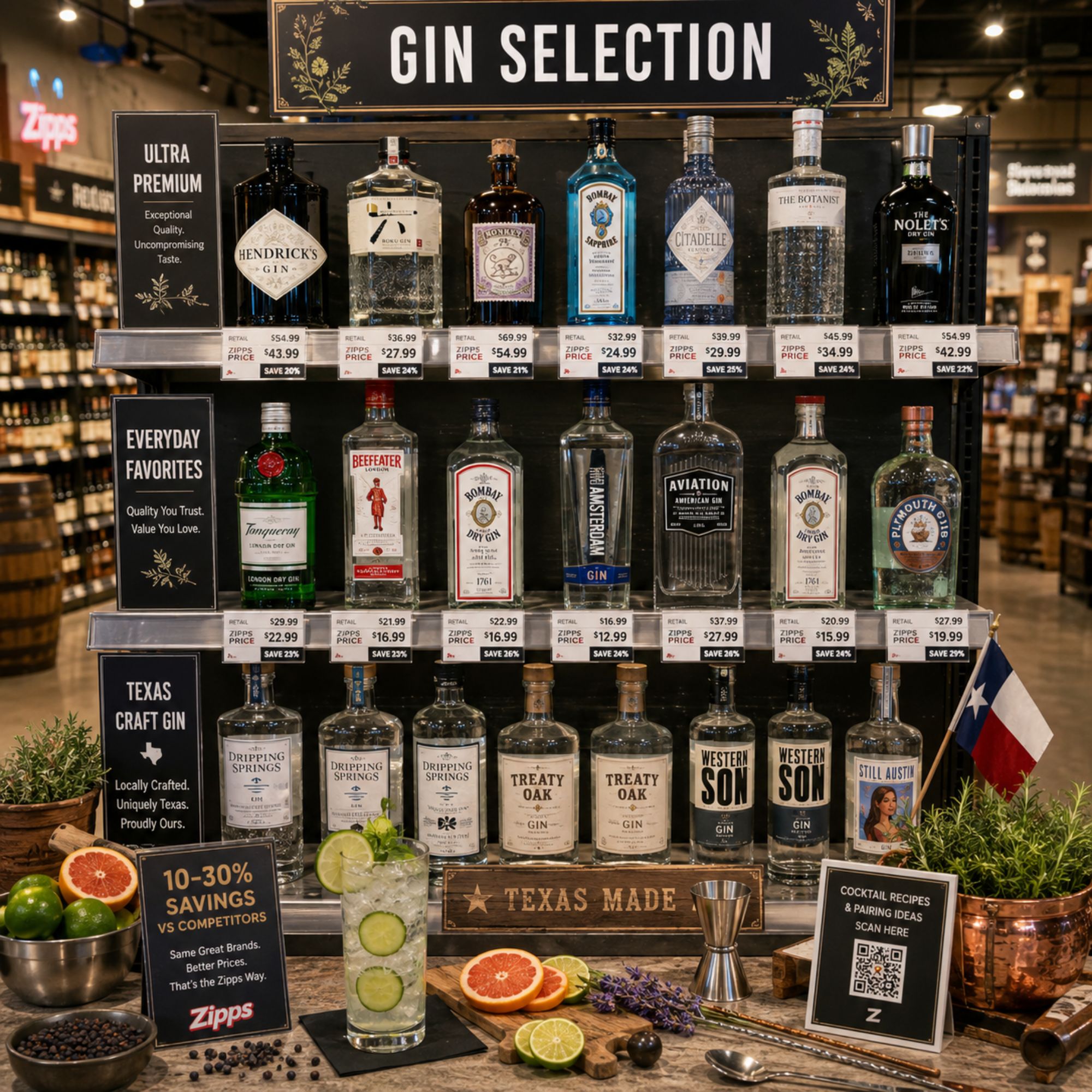 Premium gin selection at Zipps Liquor featuring national brands and Texas craft distilleries