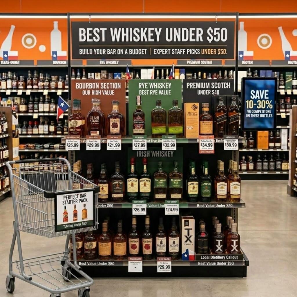 Zipps Liquor whiskey display showing budget-friendly premium selections with competitive pricing in Texas