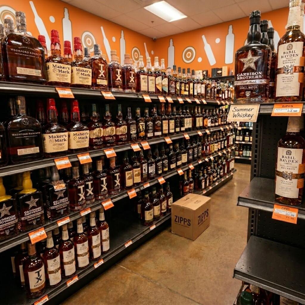 Summer Whiskey Guide 2026: Best Bourbons and Whiskeys to Drink When It's Hot in Texas Zipps Liquor Texas bourbon and whiskey shelf summer 2026 featuring Woodford Reserve, Maker's Mark, Buffalo Trace, Garrison Brothers, and TX Straight Bourbon