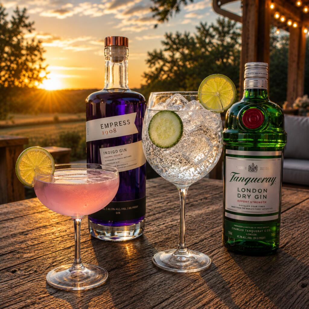  Summer gin cocktails showing Gimlet and Gin and Tonic with Tanqueray and Empress 1908 on a Texas summer afternoon 
