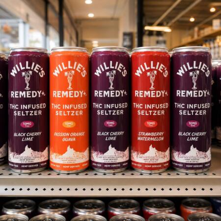 Willy's Remedy hemp THC beverage cans on display at a Zipps Liquor store in Texas