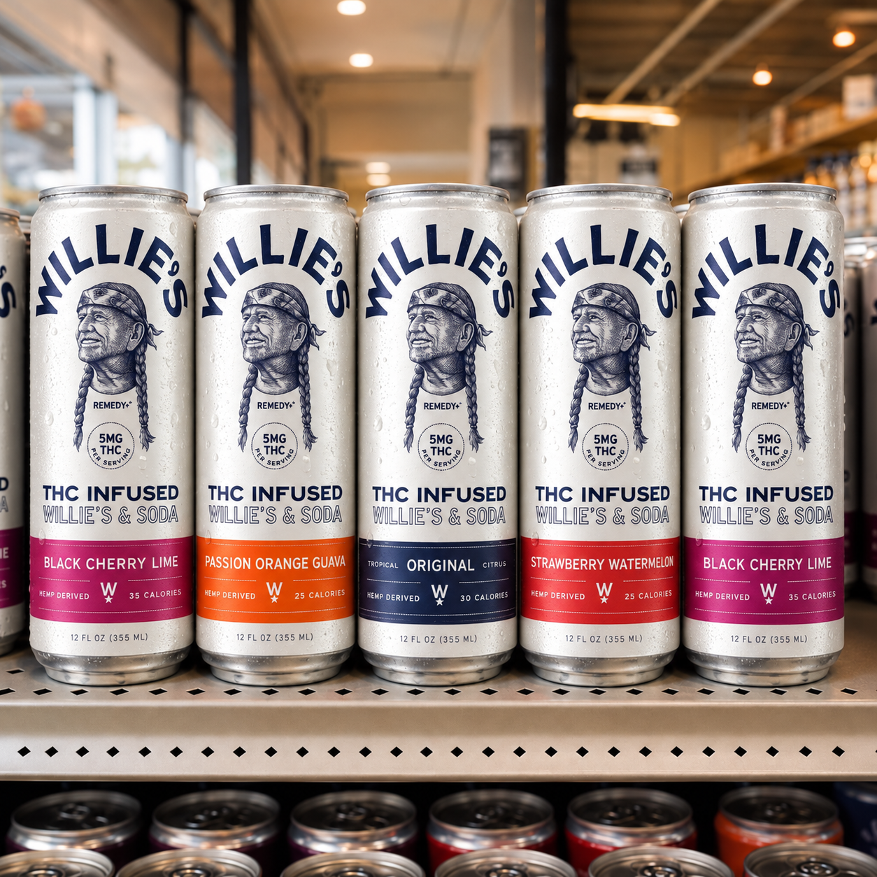 Willy's Remedy hemp THC beverage cans on display at a Zipps Liquor store in Texas