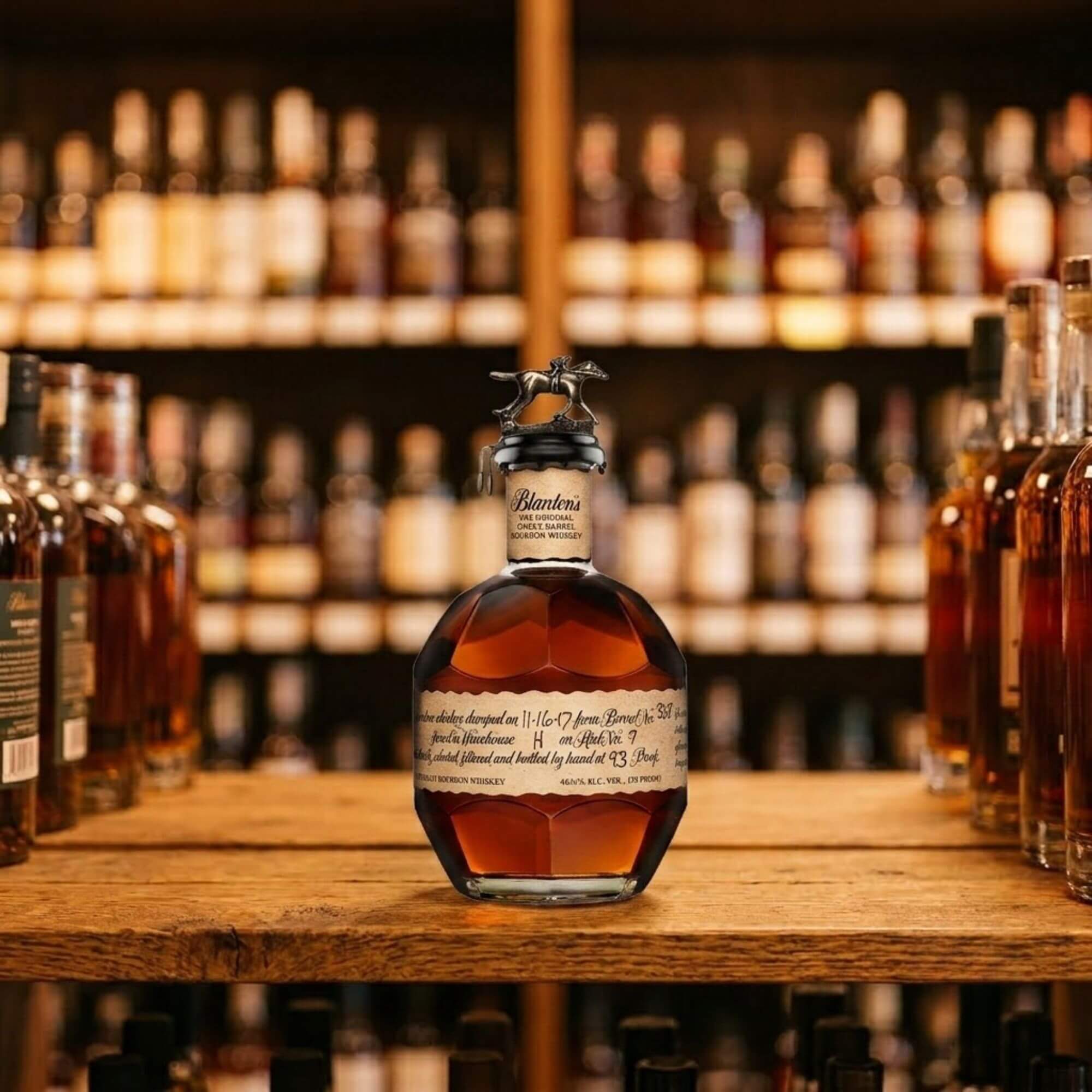 Bottle of Blanton's Original Single Barrel Bourbon with horse and jockey stopper displayed on a wood shelf