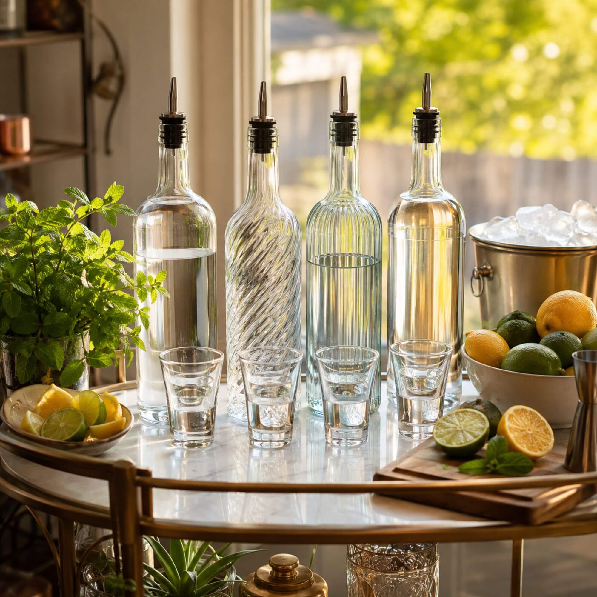 Bottles of vodka, gin, tequila, and white rum lined up on a home bar cart with citrus and ice
