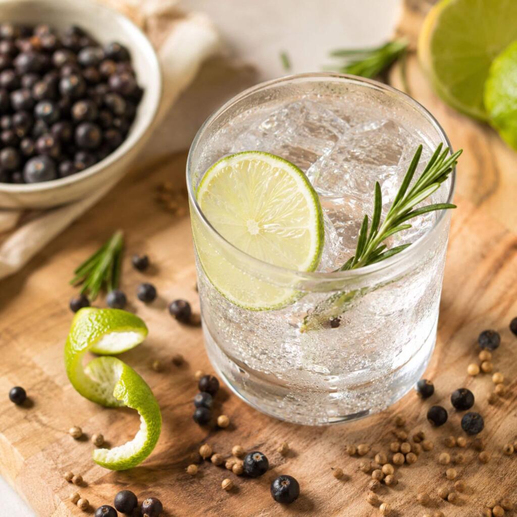 Glass of gin and tonic garnished with lime and juniper berries next to fresh botanicals
