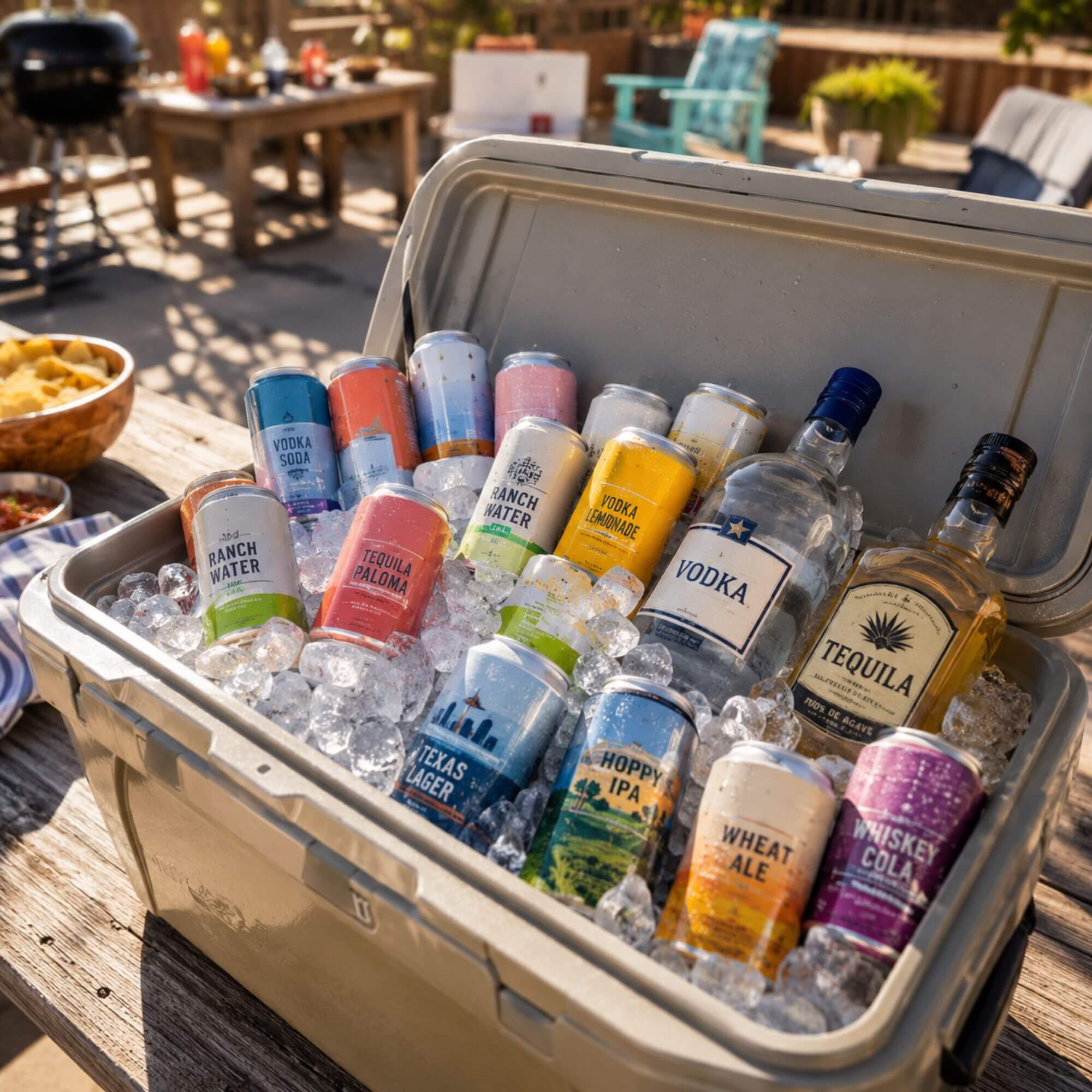 Cooler packed with RTDs, vodka, tequila, and Texas craft beer for a Labor Day cookout