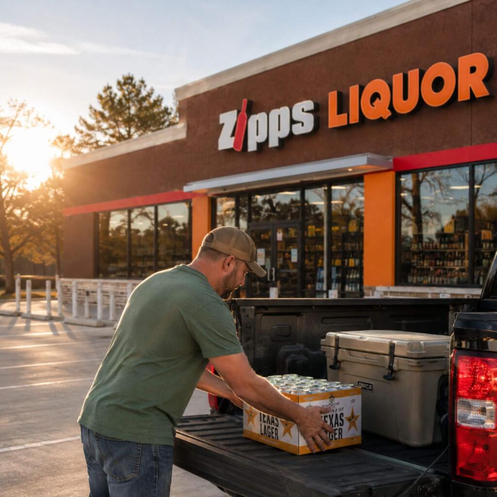 Zipps Liquor storefront with customers loading a Labor Day cooler order into a truck
