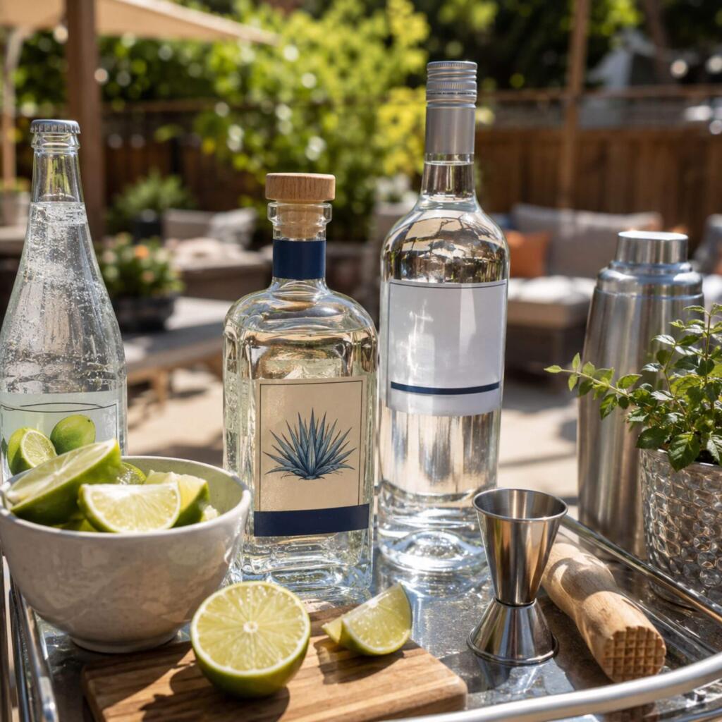 Backyard bar setup with tequila, vodka, limes, and mixers ready for a Labor Day cookout 
