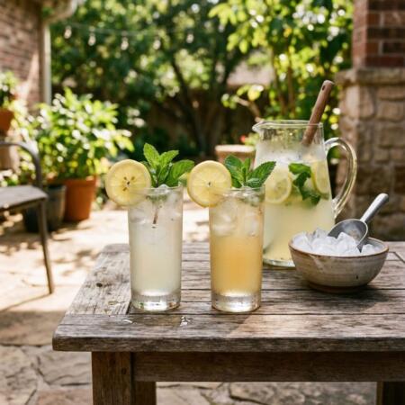 Two glasses of spiked lemonade with vodka and tequila garnished with lemon wheels on a sunny Texas patio