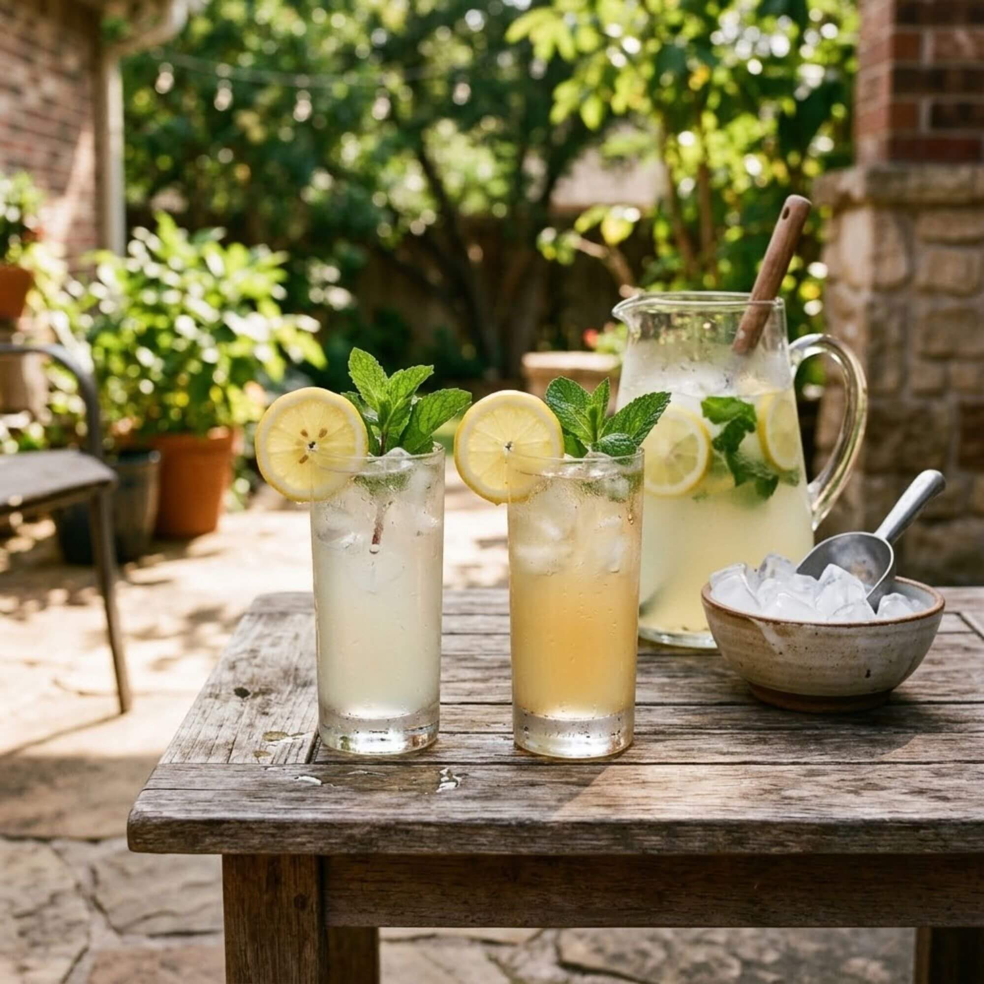 Two glasses of spiked lemonade with vodka and tequila garnished with lemon wheels on a sunny Texas patio