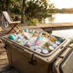 Grab-and-Go: Best Canned Cocktails and RTDs for the Last Days of Summer Cooler packed with ice, canned cocktails, and hard seltzers for a Texas summer gathering