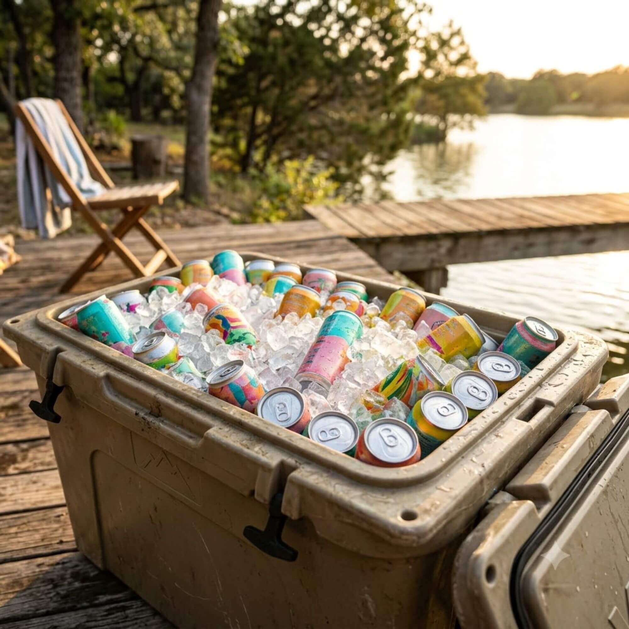 Cooler packed with ice, canned cocktails, and hard seltzers for a Texas summer gathering