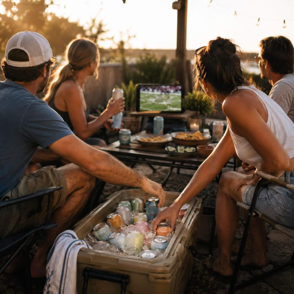 Grab-and-Go: Best Canned Cocktails and RTDs for the Last Days of Summer Friends gathered around a cooler of canned cocktails watching a soccer match together