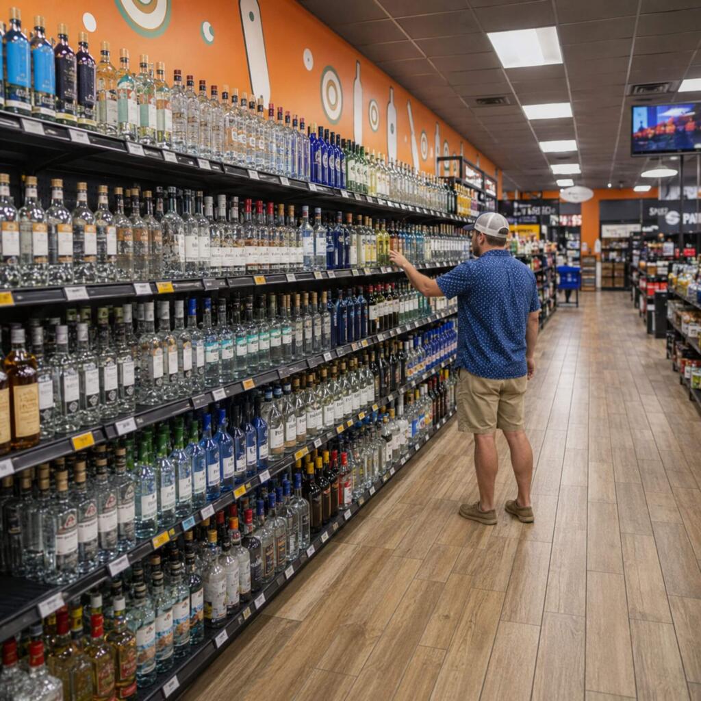 Zipps Liquor shopper walking down a well-stocked spirits aisle with vodka, gin, tequila, and rum