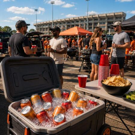 Cooler packed with canned cocktails and RTDs for a Texas football tailgate