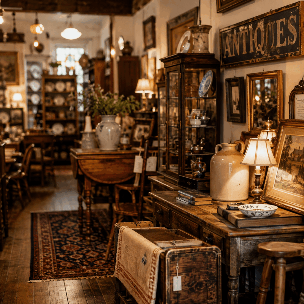 Old Town Spring Guide to Shops, Restaurants, and Wine Pairings An antique shop interior in Old Town Spring with vintage furniture and collectibles