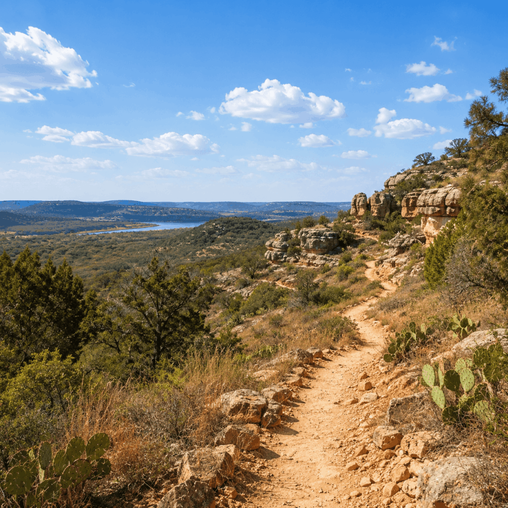 A hiking trail at Lake Mineral Wells State Park with rock formations