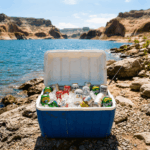 A packed cooler of canned drinks on a rocky shoreline at Lake Mineral Wells State Park