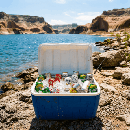 A packed cooler of canned drinks on a rocky shoreline at Lake Mineral Wells State Park