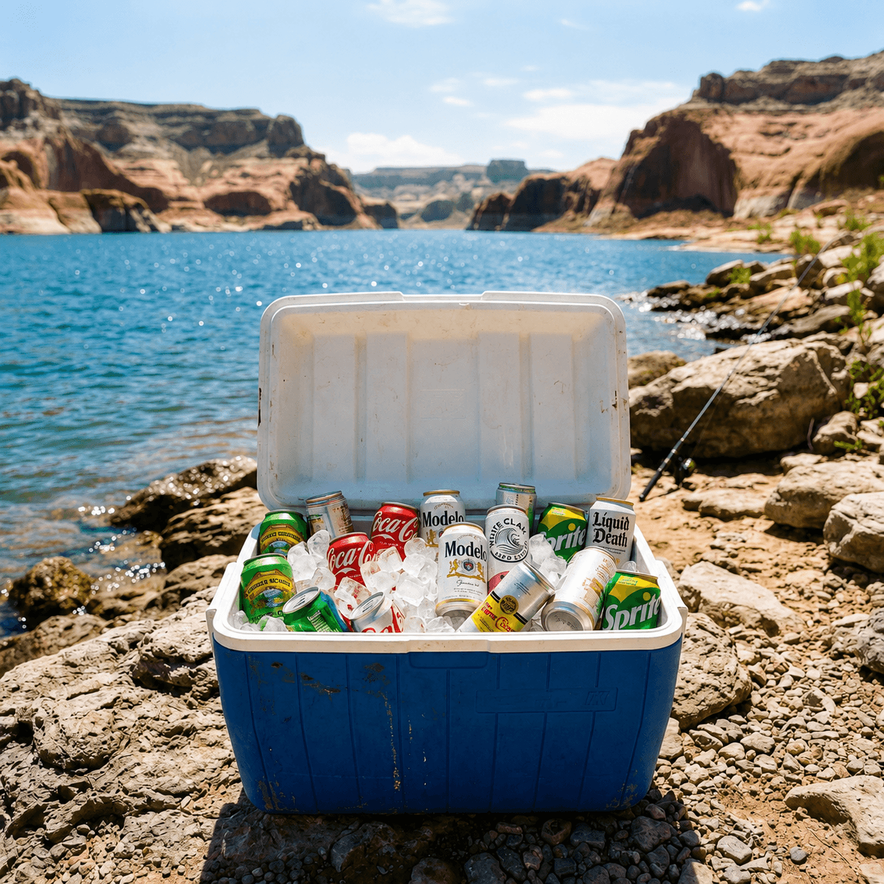 A packed cooler of canned drinks on a rocky shoreline at Lake Mineral Wells State Park