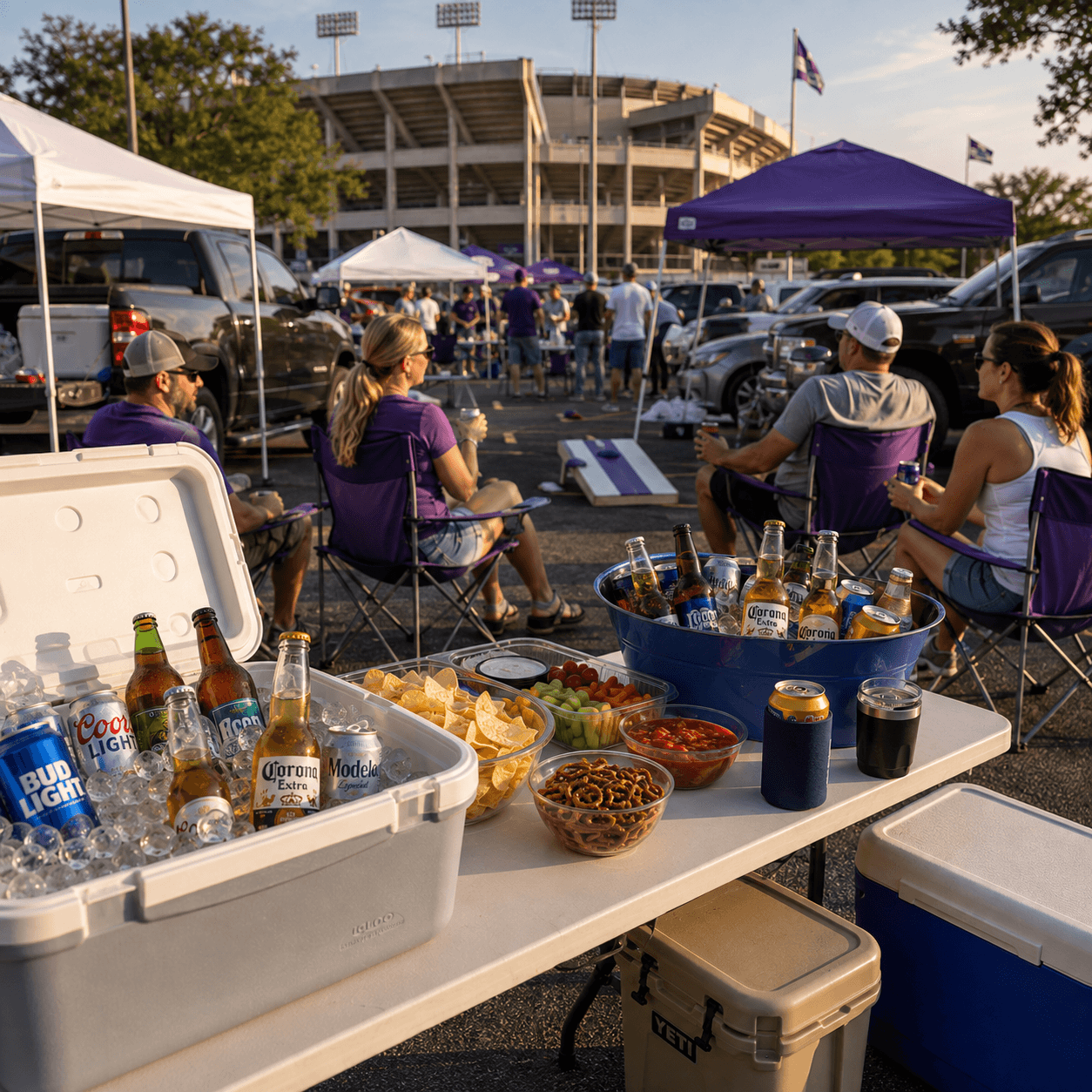 A tailgate setup with coolers and folding chairs before an SFA football game