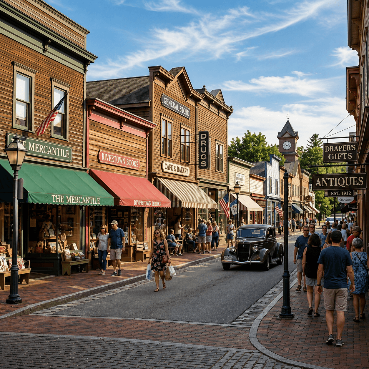 Historic storefronts along Main Street in Old Town Spring, Texas