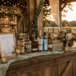 A Venue and Vendor Logistics Guide for Wedding Bars Near Spring, TX A stocked wedding bar table with spirits and glassware at a wedding venue near Spring, TX