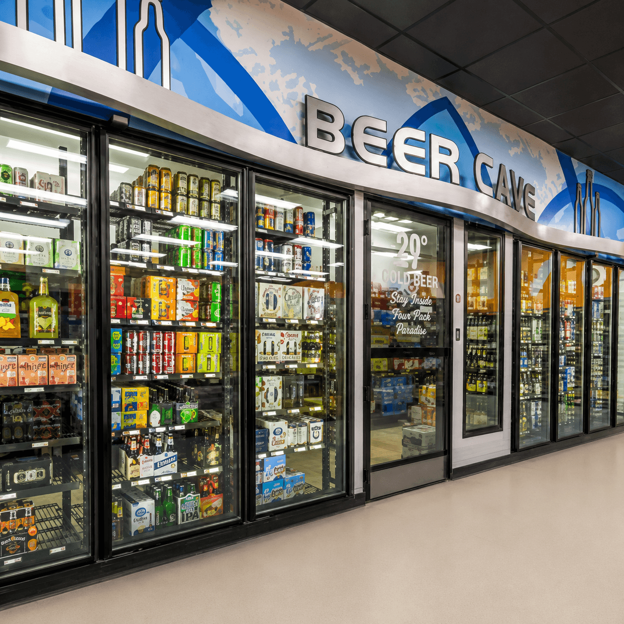 The interior of a Zipps Liquor beer cave with rows of stocked coolers