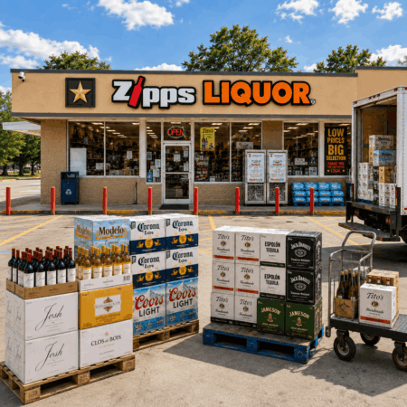 Cases of beer, wine, and spirits staged for a bulk order pickup at Zipps Liquor